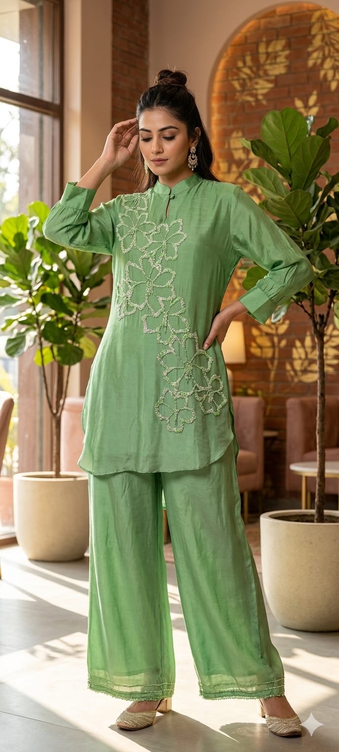 Sequin Cut Dana Tuti Fruti Look Floral Embroidered Chinon Co-Ord Sets- 14246