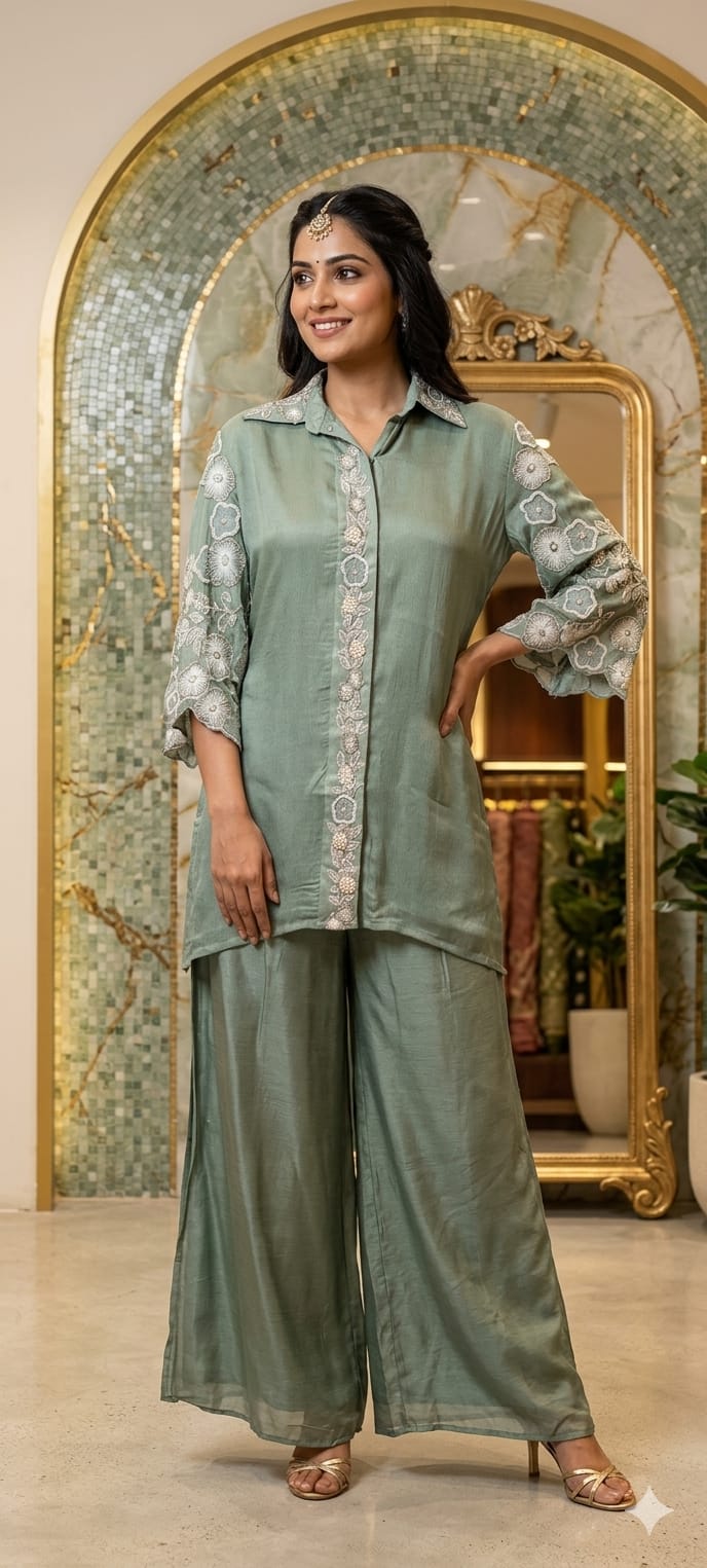 Designer Floral Cut Work Heavy Hand Embroidered Pastel Shade Chinon Co-Ord Set-14247(Loose Fit) RB277