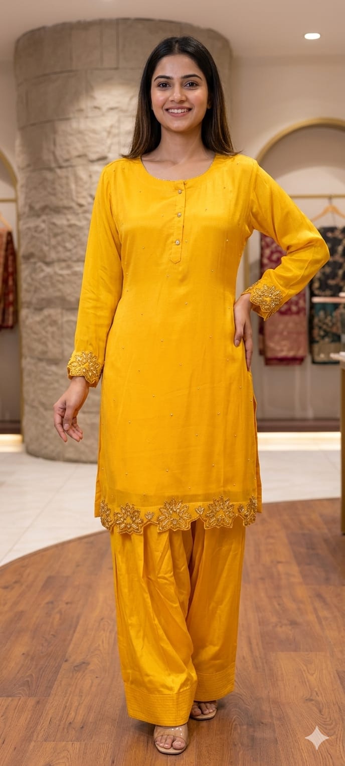 Minimal Cut Dana Side Embroidery Work Solid Chinon Co-Ord Set With Farsi Bottom- 14248 W112