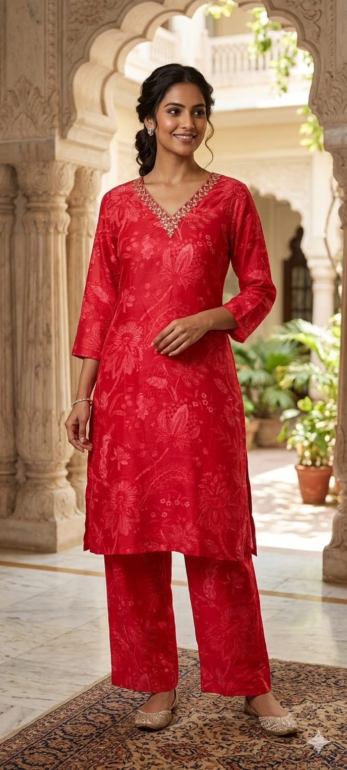 Elegant Muslin Kurta Pant Set with Subtle Self Print & Intricate Hand Embellished Neckline-14256 RB224