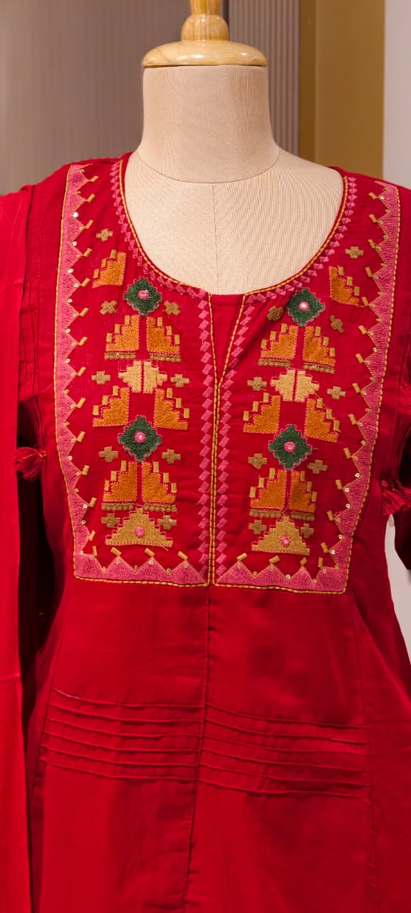 Thread Embroidered Silli Cotton A-Line Full Suit Set with Dupatta With Pintuck Detailing- 14293 RB330