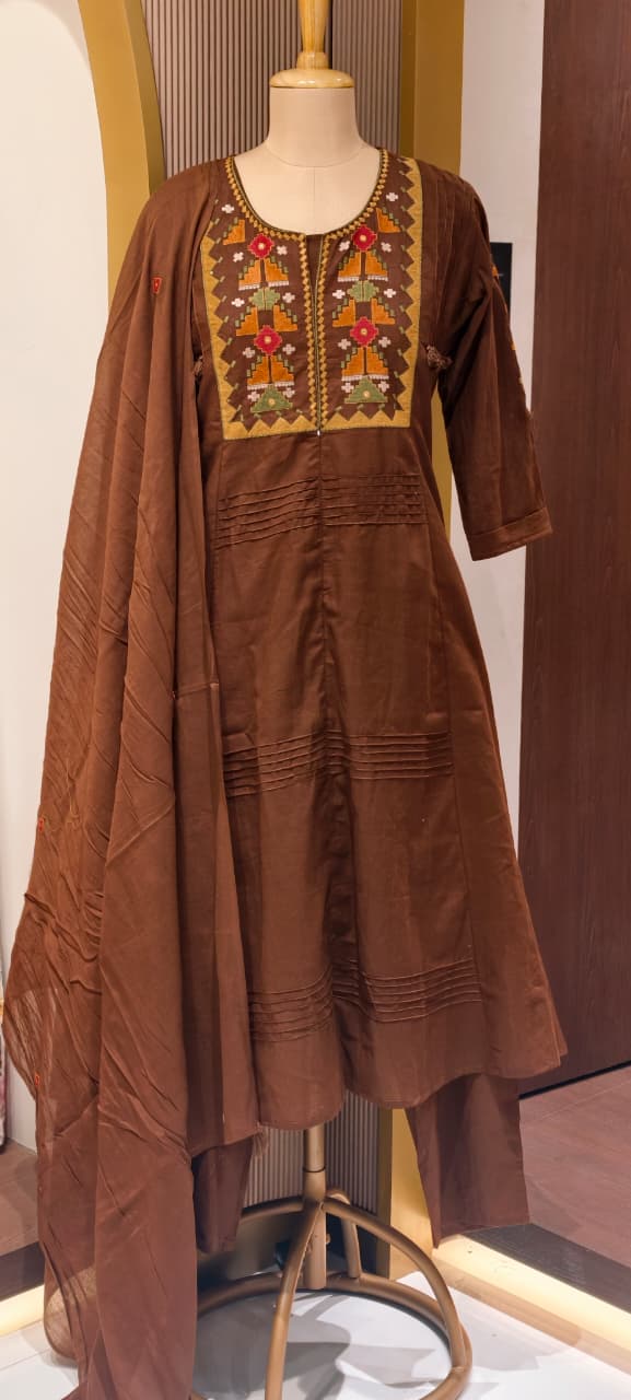Thread Embroidered Silli Cotton A-Line Full Suit Set with Dupatta With Pintuck Detailing- 14293 RB330
