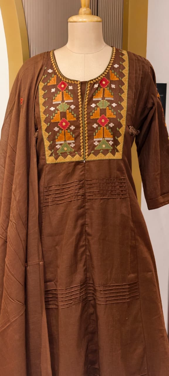 Thread Embroidered Silli Cotton A-Line Full Suit Set with Dupatta With Pintuck Detailing- 14293 RB330