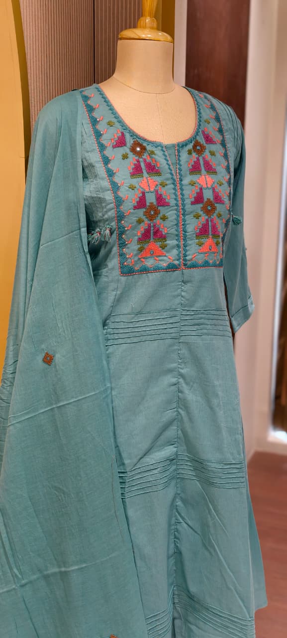 Thread Embroidered Silli Cotton A-Line Full Suit Set with Dupatta With Pintuck Detailing- 14293 RB330