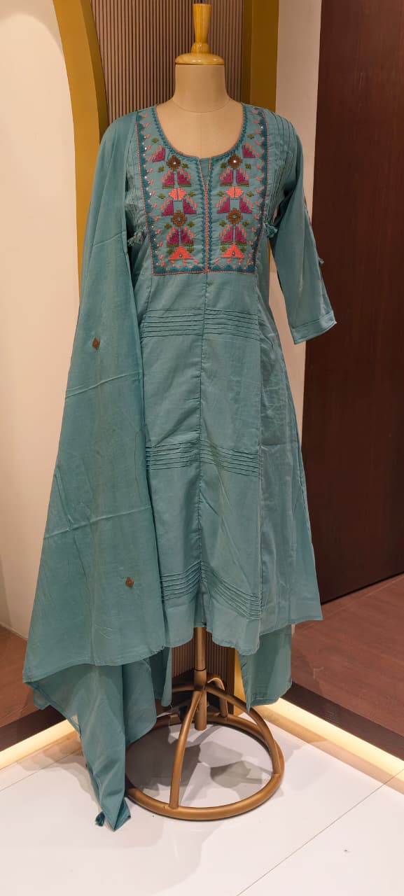 Thread Embroidered Silli Cotton A-Line Full Suit Set with Dupatta With Pintuck Detailing- 14293 RB330
