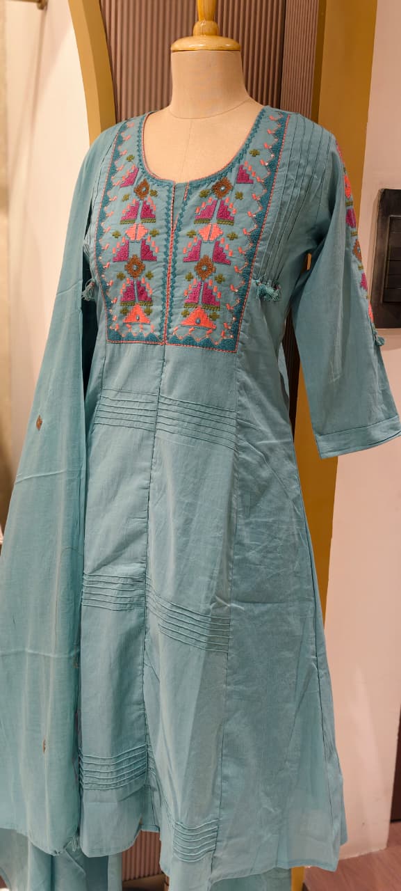 Thread Embroidered Silli Cotton A-Line Full Suit Set with Dupatta With Pintuck Detailing- 14293 RB330