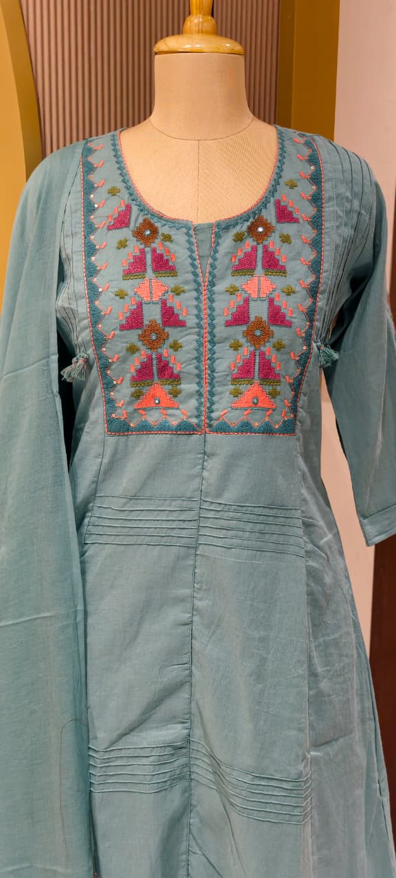 Thread Embroidered Silli Cotton A-Line Full Suit Set with Dupatta With Pintuck Detailing- 14293 RB330