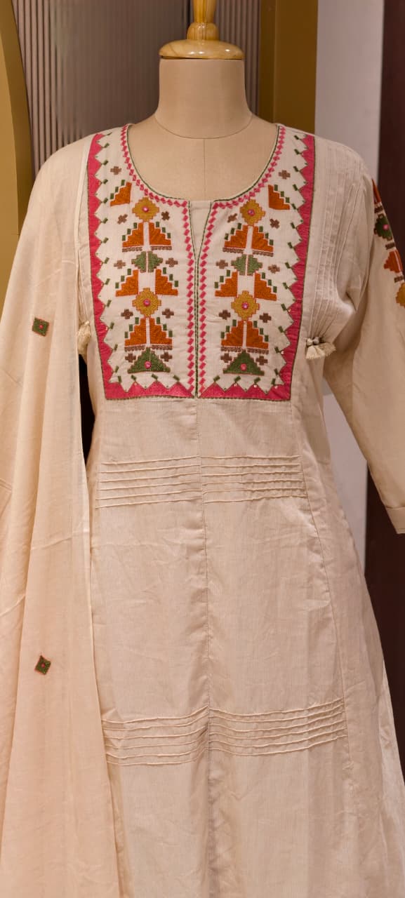 Thread Embroidered Silli Cotton A-Line Full Suit Set with Dupatta With Pintuck Detailing- 14293 RB330