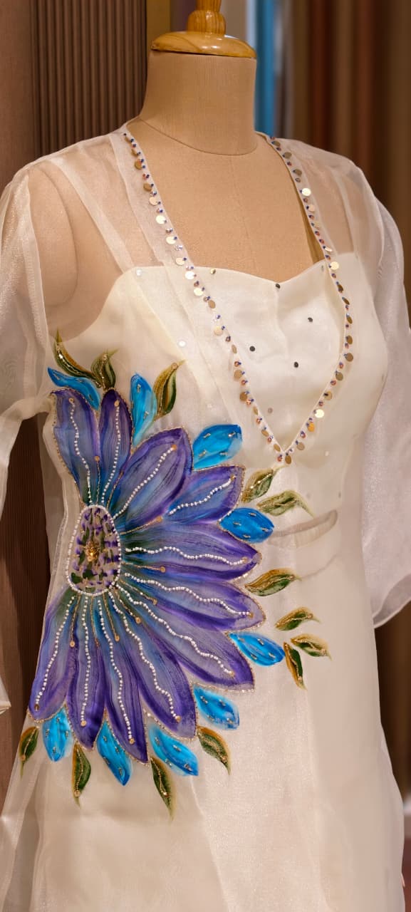 Digital Floral Print Golden Highlights Kurta With Buster & Bottom In Tissue Fabric- 14318,14 RB218