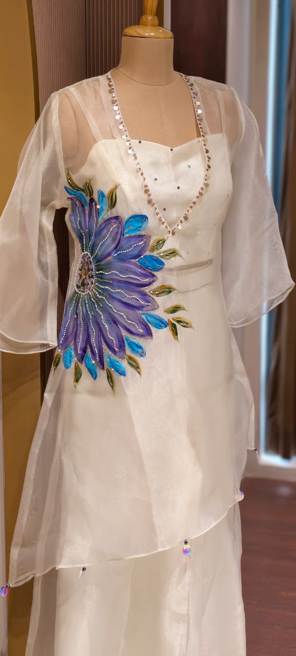 Digital Floral Print Golden Highlights Kurta With Buster & Bottom In Tissue Fabric- 14318,14 RB218