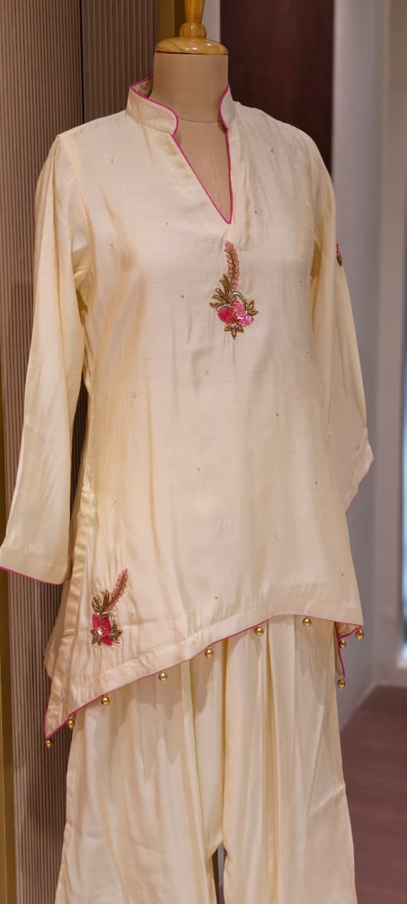 White Sheer Soft Toned Minimal Embroidery Russian Silk High Low Co-Ord Set