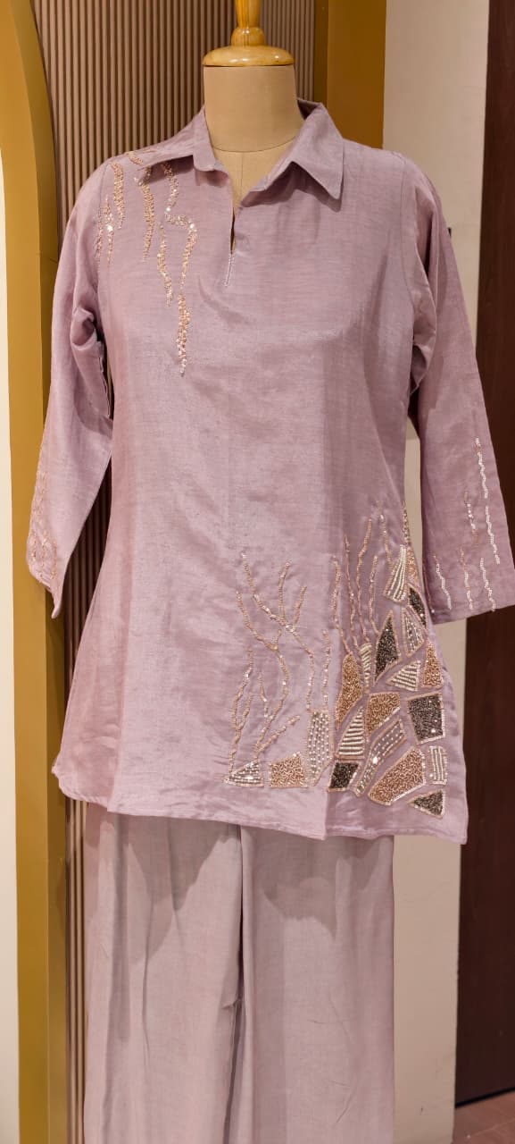 Branch Tail Sequin Scattered Work Solid Stylish Co-Ord Set