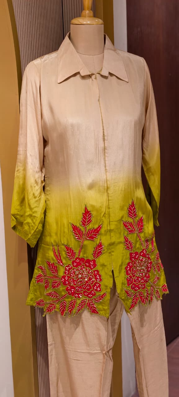 Ombre Shade With Ruby Touch Floral Co-Ord Set In Crepe Fabric- 14312