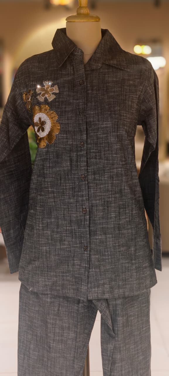 Sequin Touch Floral Broach Look Solid Ash Elegance Co-Ord In Linen Cotton Fabric- 14336 RB225