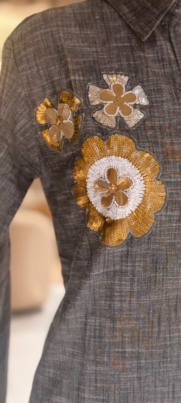 Sequin Touch Floral Broach Look Solid Ash Elegance Co-Ord In Linen Cotton Fabric- 14336 RB225