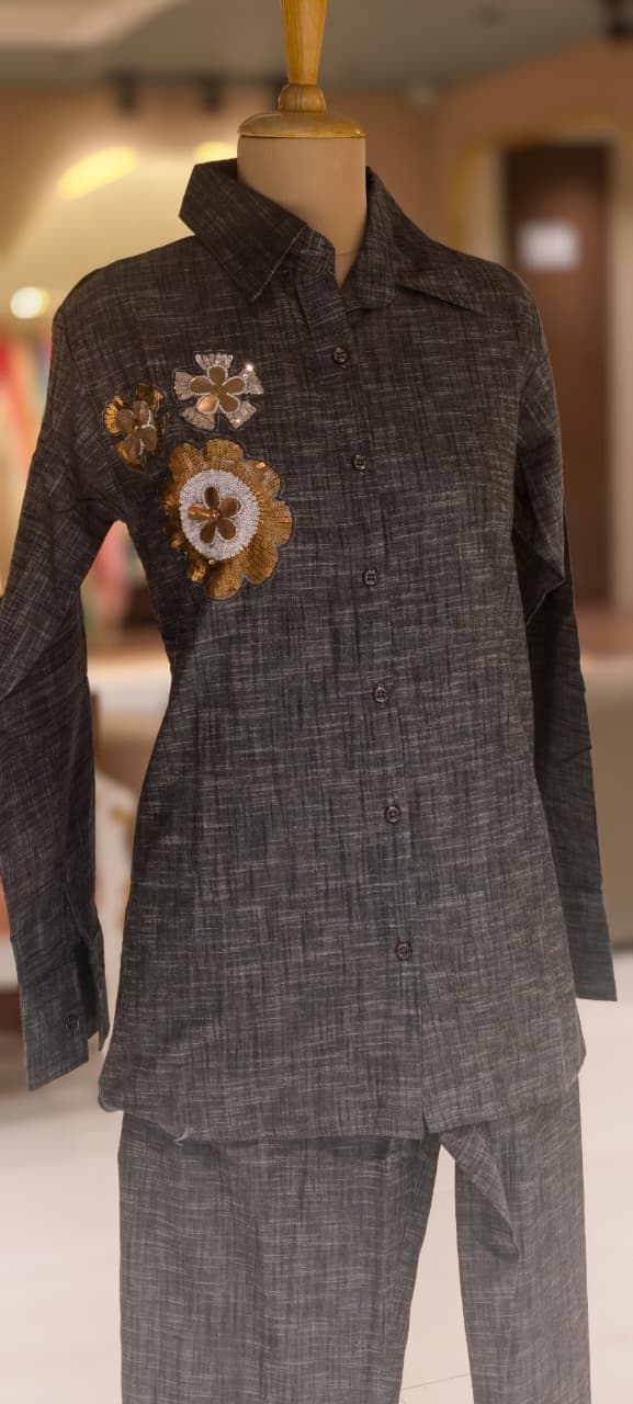 Sequin Touch Floral Broach Look Solid Ash Elegance Co-Ord In Linen Cotton Fabric- 14336 RB225