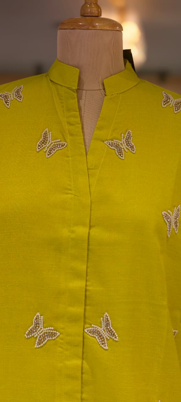 Lime Puch Elegant Cute Tiny Butterfly Placements Solid Co-Ord Set In Linen Cotton Fabric-14338 RB227