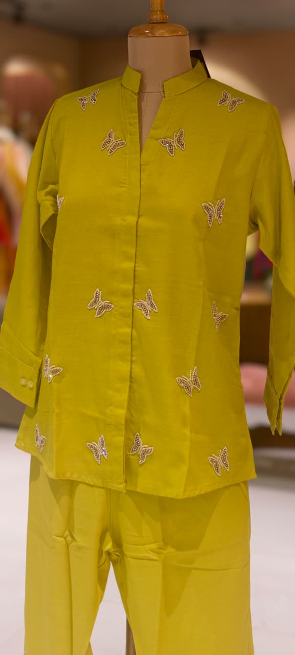 Lime Puch Elegant Cute Tiny Butterfly Placements Solid Co-Ord Set In Linen Cotton Fabric-14338 RB227