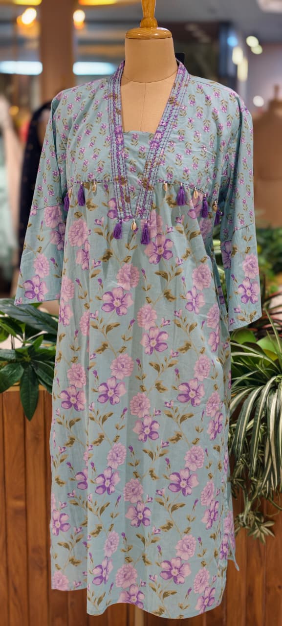 Boho Chic Refreshing Shade Printed A-Line Kurti Only In Cotton Fabric- 14277 RB238