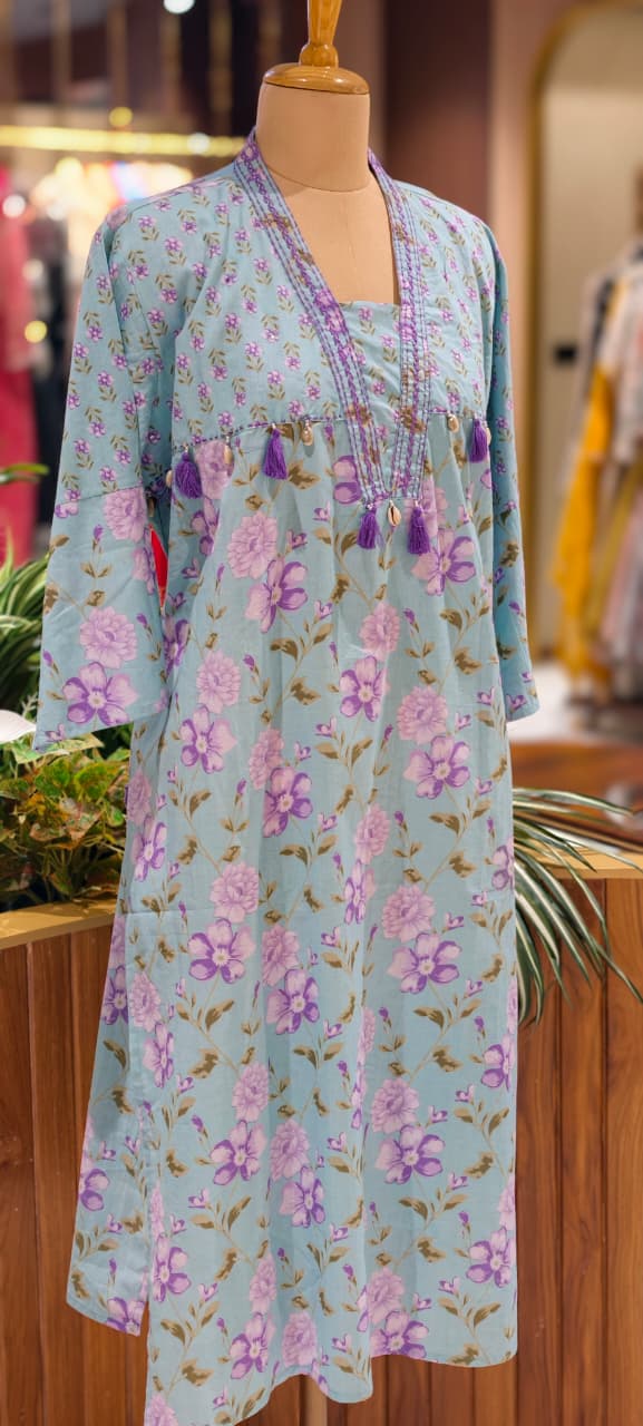 Boho Chic Refreshing Shade Printed A-Line Kurti Only In Cotton Fabric- 14277 RB238