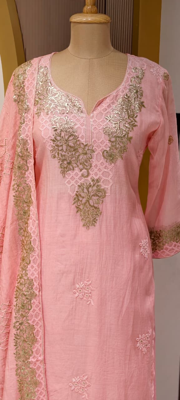 Blush Gold Scallop-Neck Powder Pink Full Suit Set With Dupatta In Mul Chanderi Fabric- 14251 RB235