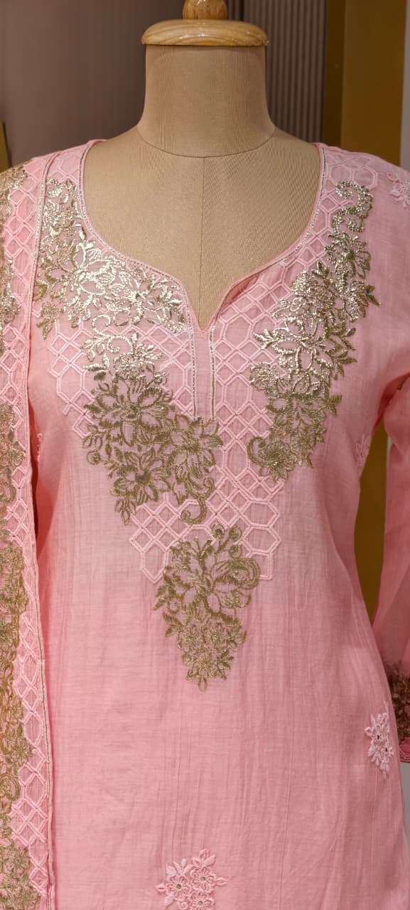 Blush Gold Scallop-Neck Powder Pink Full Suit Set With Dupatta In Mul Chanderi Fabric- 14251 RB235