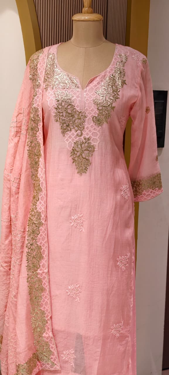 Blush Gold Scallop-Neck Powder Pink Full Suit Set With Dupatta In Mul Chanderi Fabric- 14251 RB235