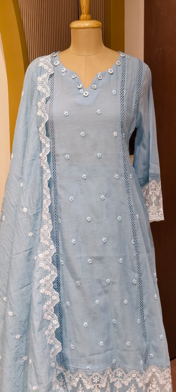 Mul Cotton Suttle Embroidery Soft Elegance A-Line Full Suit Set With Dupatta- 14308 RB234