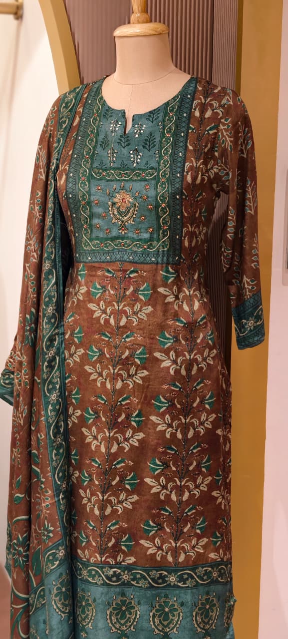 Muslin Fabric Traditional Ajrakh Print Full Suit Set With Dupatta(No Lining Inside)-14357 RB233