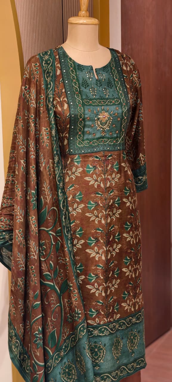 Muslin Fabric Traditional Ajrakh Print Full Suit Set With Dupatta(No Lining Inside)-14357 RB233