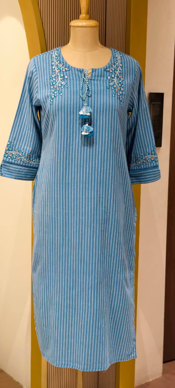 Aqua Bloom Striking Striped Cotton Kurti Only With Minimal Handwork-14342 RB239