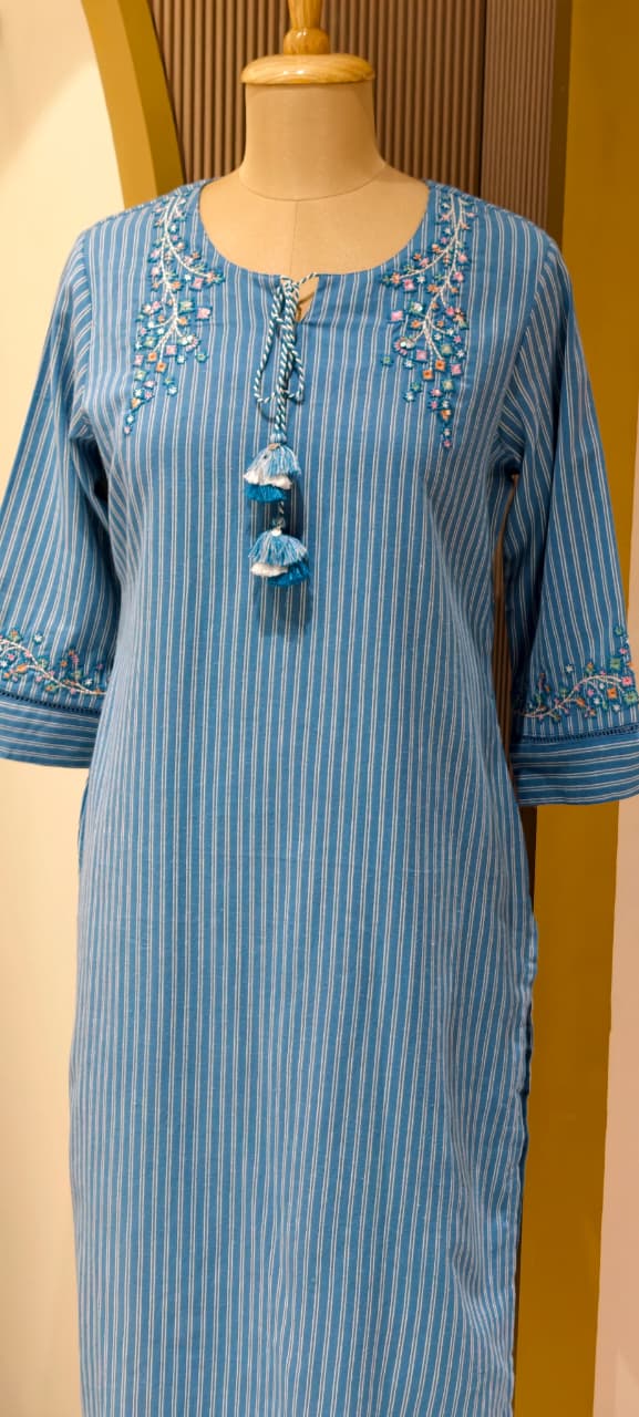 Aqua Bloom Striking Striped Cotton Kurti Only With Minimal Handwork-14342 RB239