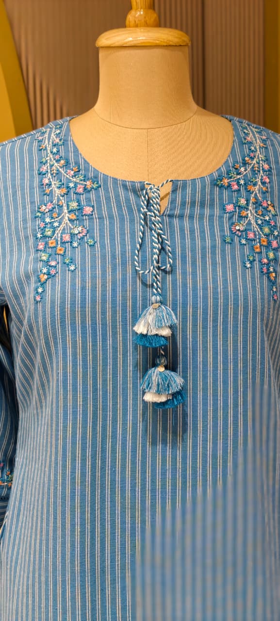 Aqua Bloom Striking Striped Cotton Kurti Only With Minimal Handwork-14342 RB239