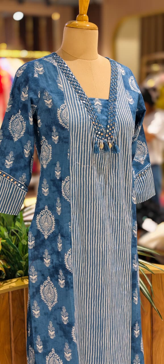 Linear Stripe & Printed Unique Glass Neck Line Tasseled Cotton Kurti Only-14273 RB241
