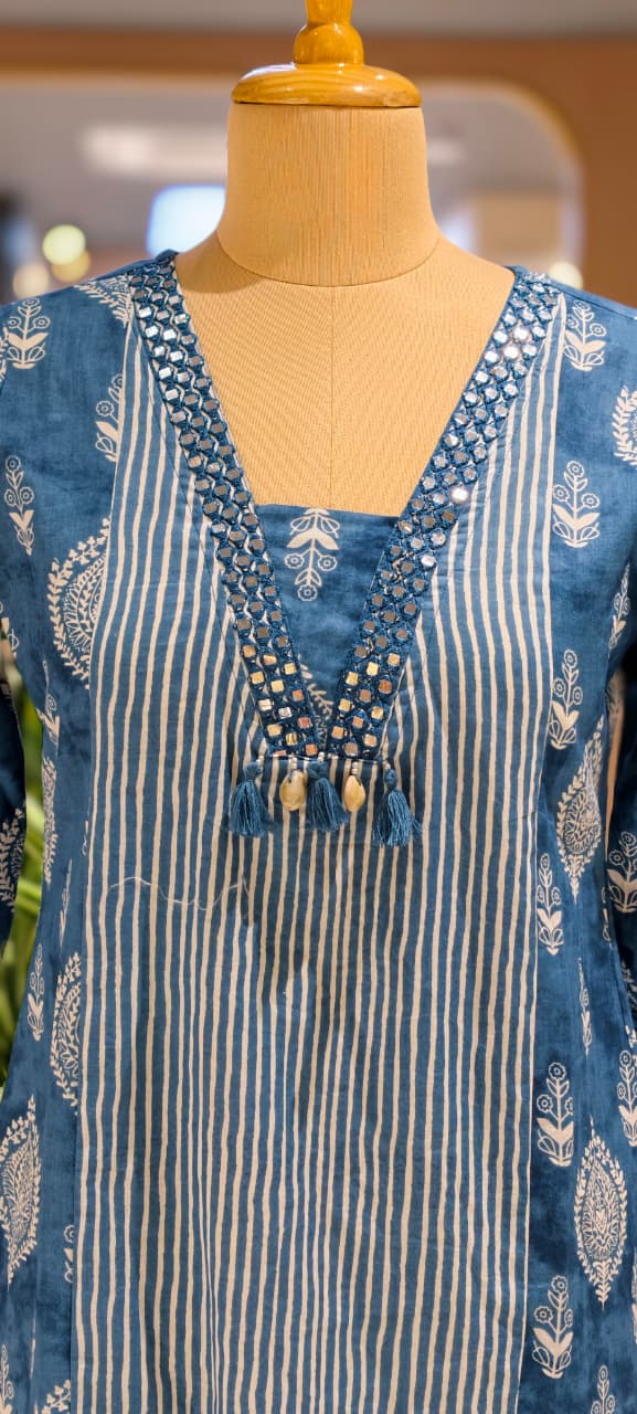 Linear Stripe & Printed Unique Glass Neck Line Tasseled Cotton Kurti Only-14273 RB241