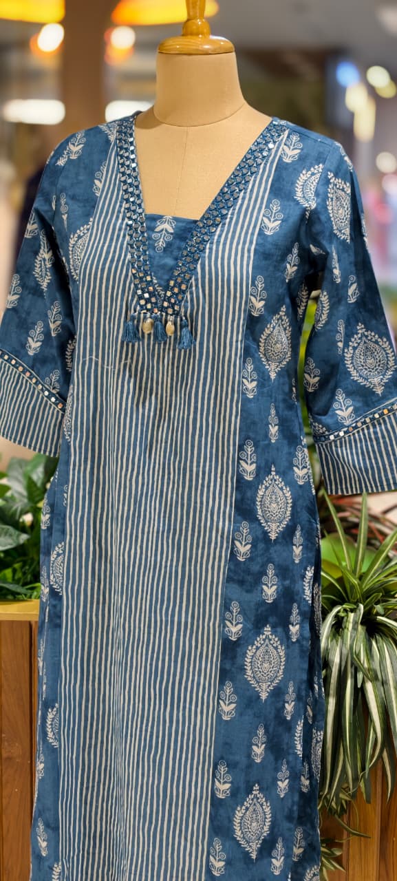 Linear Stripe & Printed Unique Glass Neck Line Tasseled Cotton Kurti Only-14273 RB241