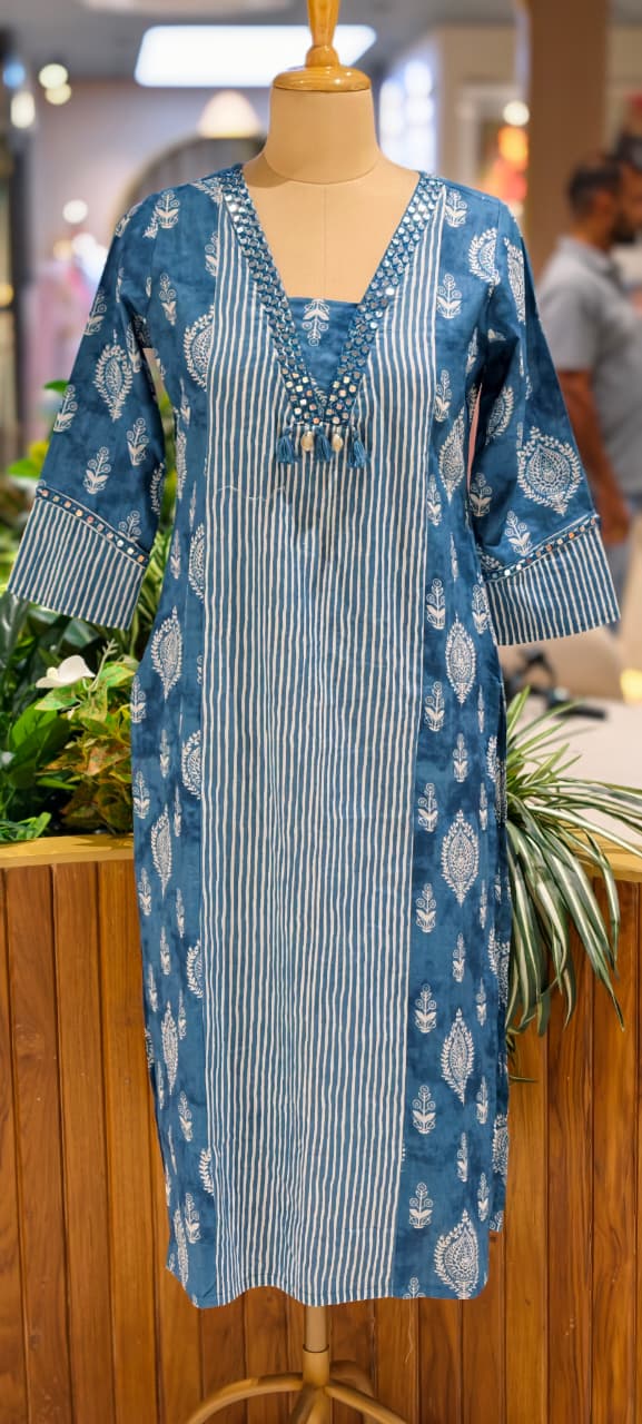 Linear Stripe & Printed Unique Glass Neck Line Tasseled Cotton Kurti Only-14273 RB241