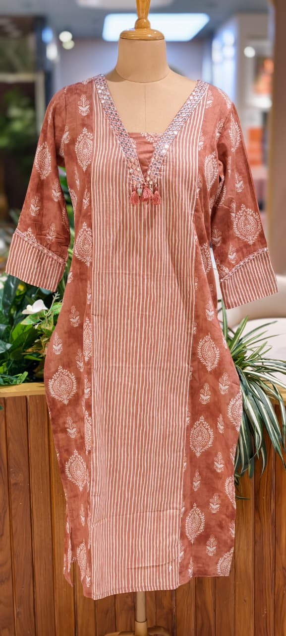 Linear Stripe & Printed Unique Glass Neck Line Tasseled Cotton Kurti Only-14273 RB241