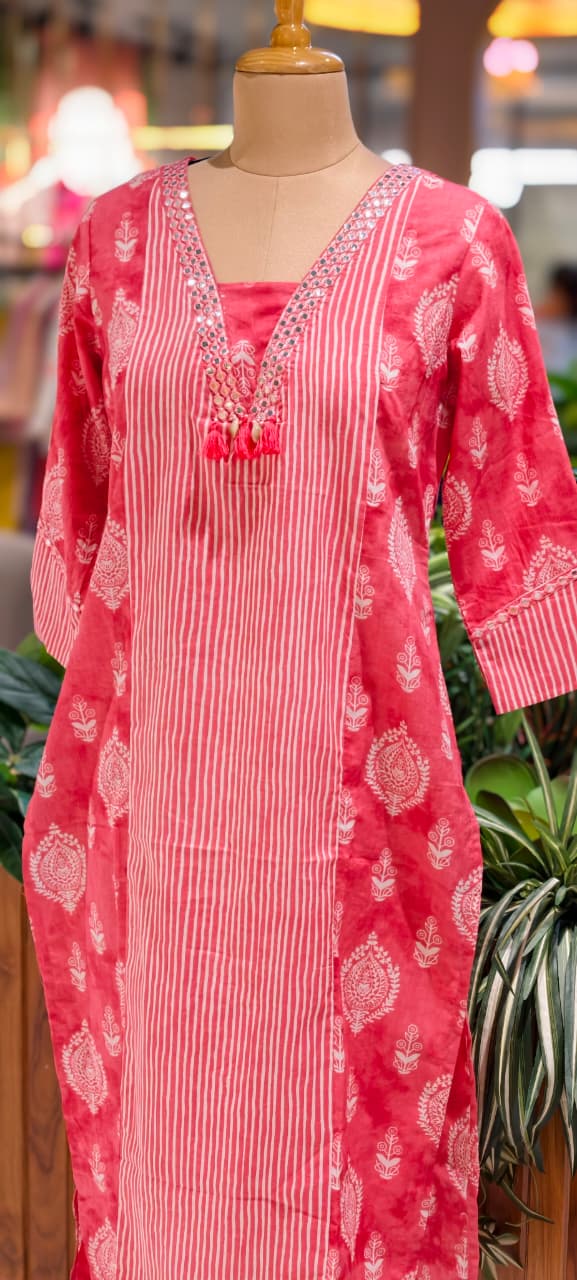 Linear Stripe & Printed Unique Glass Neck Line Tasseled Cotton Kurti Only-14273 RB241