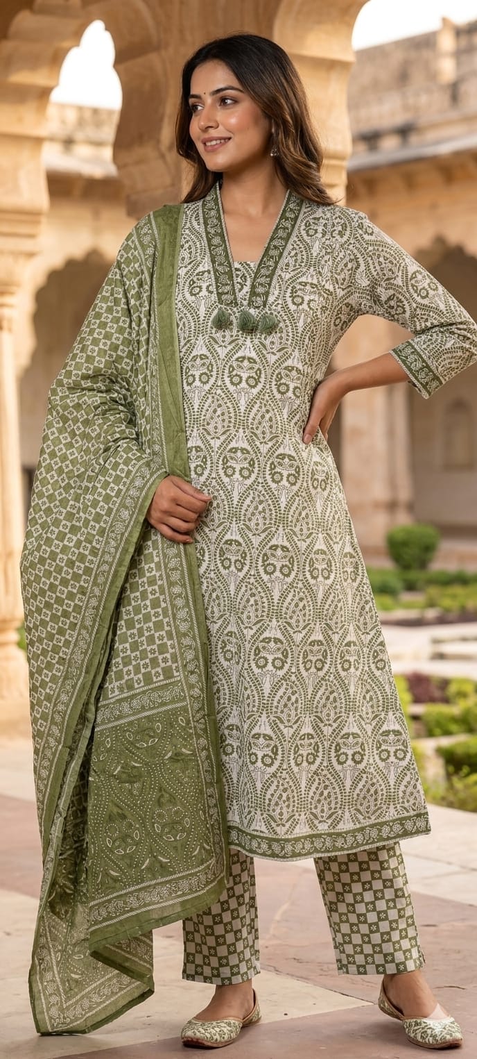 Upside Down Handblock Print V-Neck Tassel Accent A-Line Cotton Full Suit Set With Dupatta- 14301 RB324