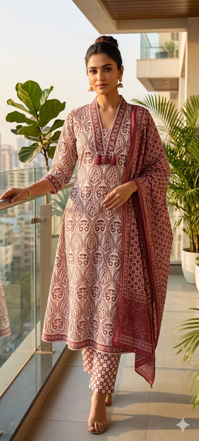 Upside Down Handblock Print V-Neck Tassel Accent A-Line Cotton Full Suit Set With Dupatta- 14301 RB324