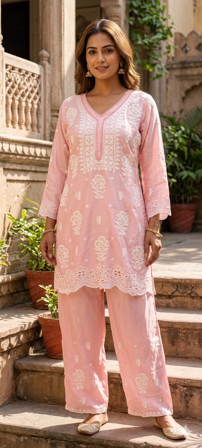Pure Muslin Chikankari Work Summerish Tone Casual Wear Co-Ord Set-14394 RB221