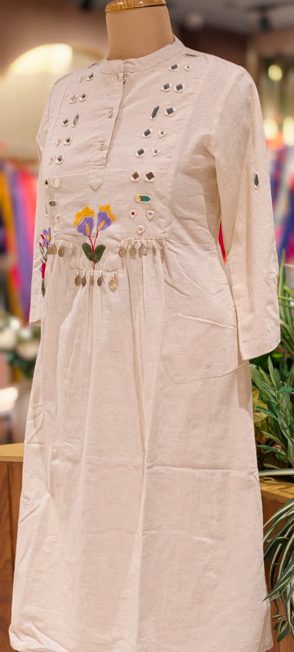 Floral Thread Embroidery Flex Cotton Kurta Pant Set with Mirror Work Detailing & Statement Tassel Accents- 14281 RB255