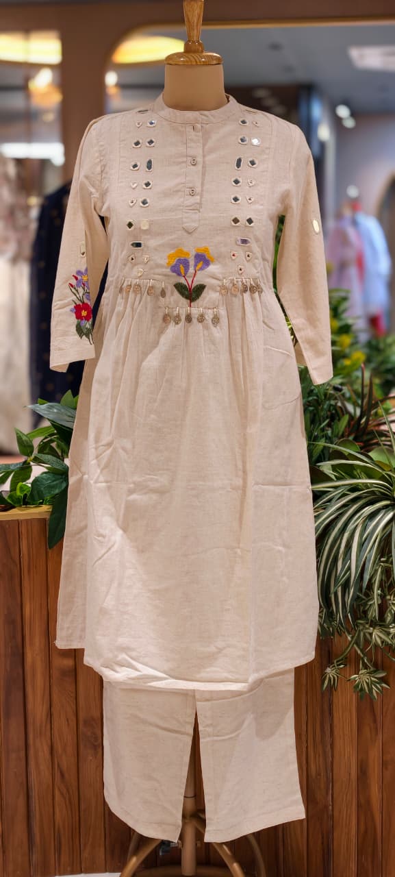 Floral Thread Embroidery Flex Cotton Kurta Pant Set with Mirror Work Detailing & Statement Tassel Accents- 14281 RB255