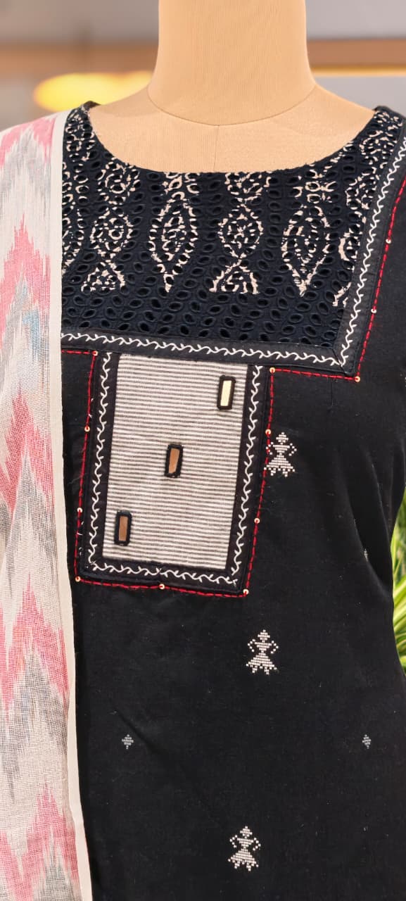 Glamrous Contrasted Black & White Embroidered Handloom Cotton Full Suit Set With Kota Doria Dupatta- 14351 RB266
