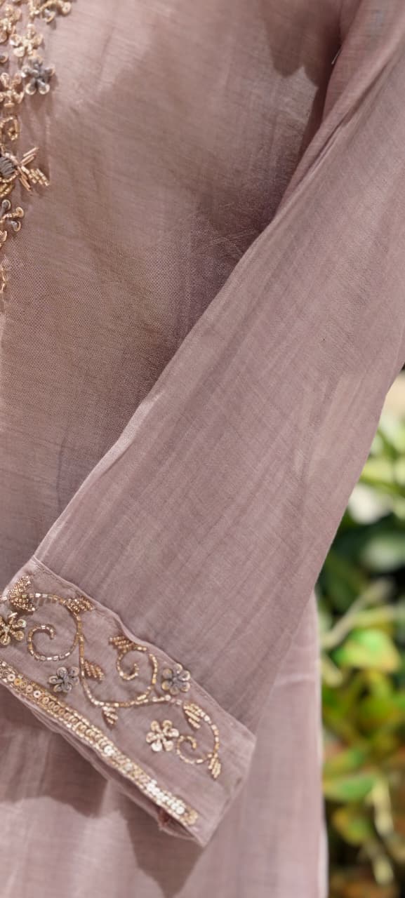 Pure Banarasi Mul Chanderi Suit Set with Handcrafted Zari Embroidery, Elegant Straight Silhouette & Luxe Gold Striped Dupatta-14313 RB261