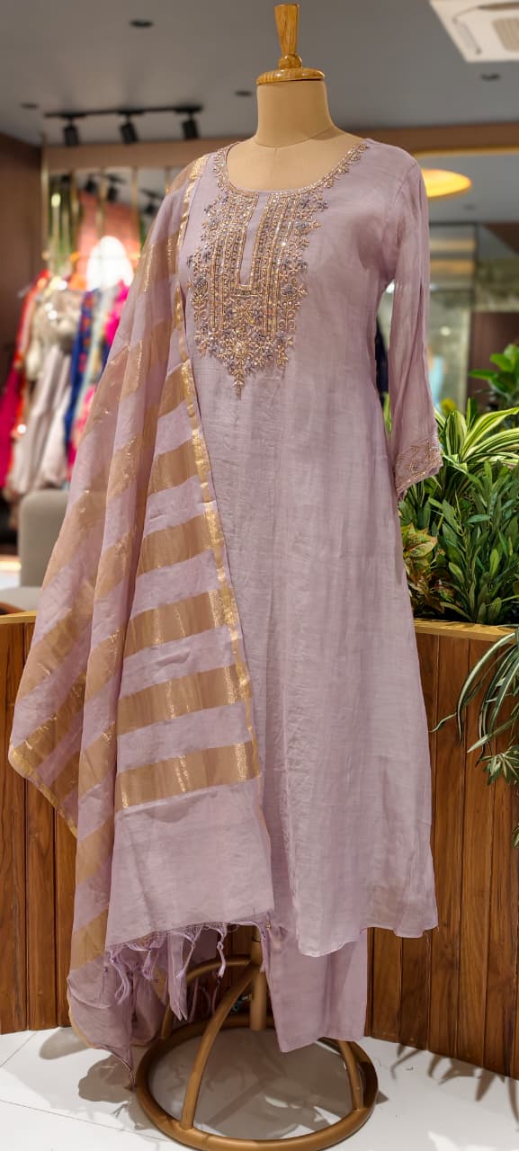 Pure Banarasi Mul Chanderi Suit Set with Handcrafted Zari Embroidery, Elegant Straight Silhouette & Luxe Gold Striped Dupatta-14313 RB261