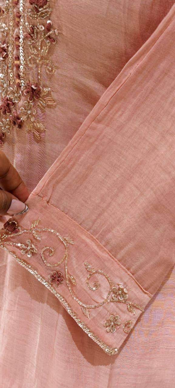 Pure Banarasi Mul Chanderi Suit Set with Handcrafted Zari Embroidery, Elegant Straight Silhouette & Luxe Gold Striped Dupatta-14313 RB261