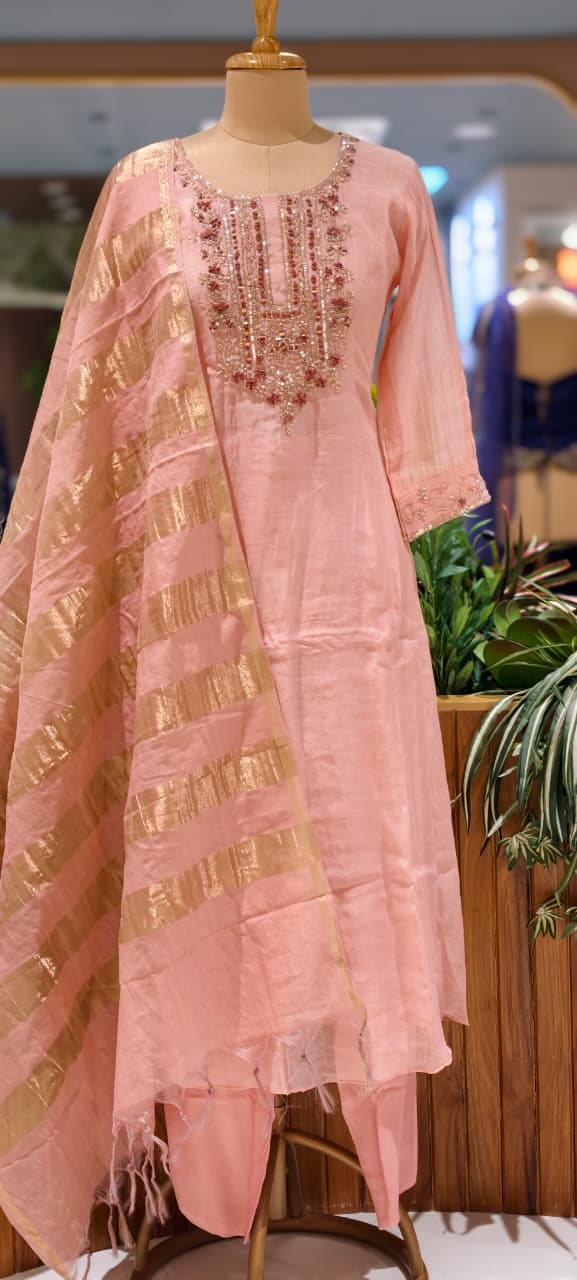 Pure Banarasi Mul Chanderi Suit Set with Handcrafted Zari Embroidery, Elegant Straight Silhouette & Luxe Gold Striped Dupatta-14313 RB261