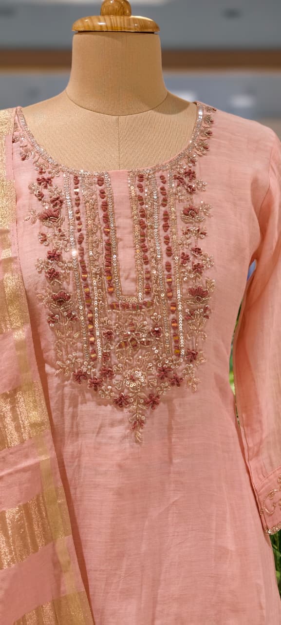Pure Banarasi Mul Chanderi Suit Set with Handcrafted Zari Embroidery, Elegant Straight Silhouette & Luxe Gold Striped Dupatta-14313 RB261